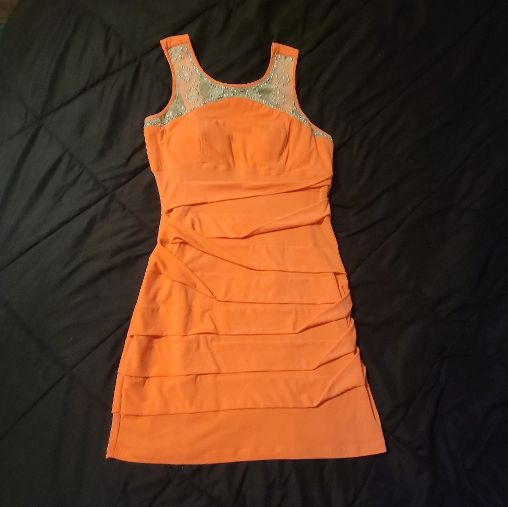 Beaded Coral Orange Deb Bodycon dress